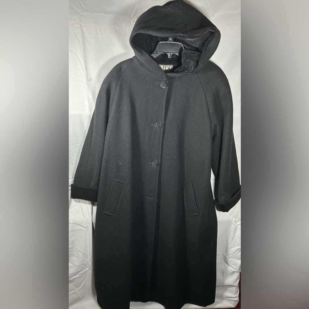Mario De Pinto MDP Long Wool Coat, Velvet Lined Hood and Cuffs in Black, Size 14